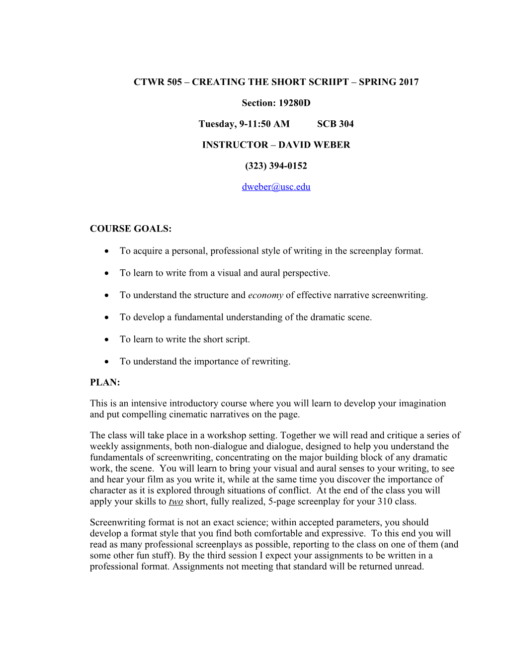 Syllabus for 513 - Screenwriting Fundamentals - Fall 1999