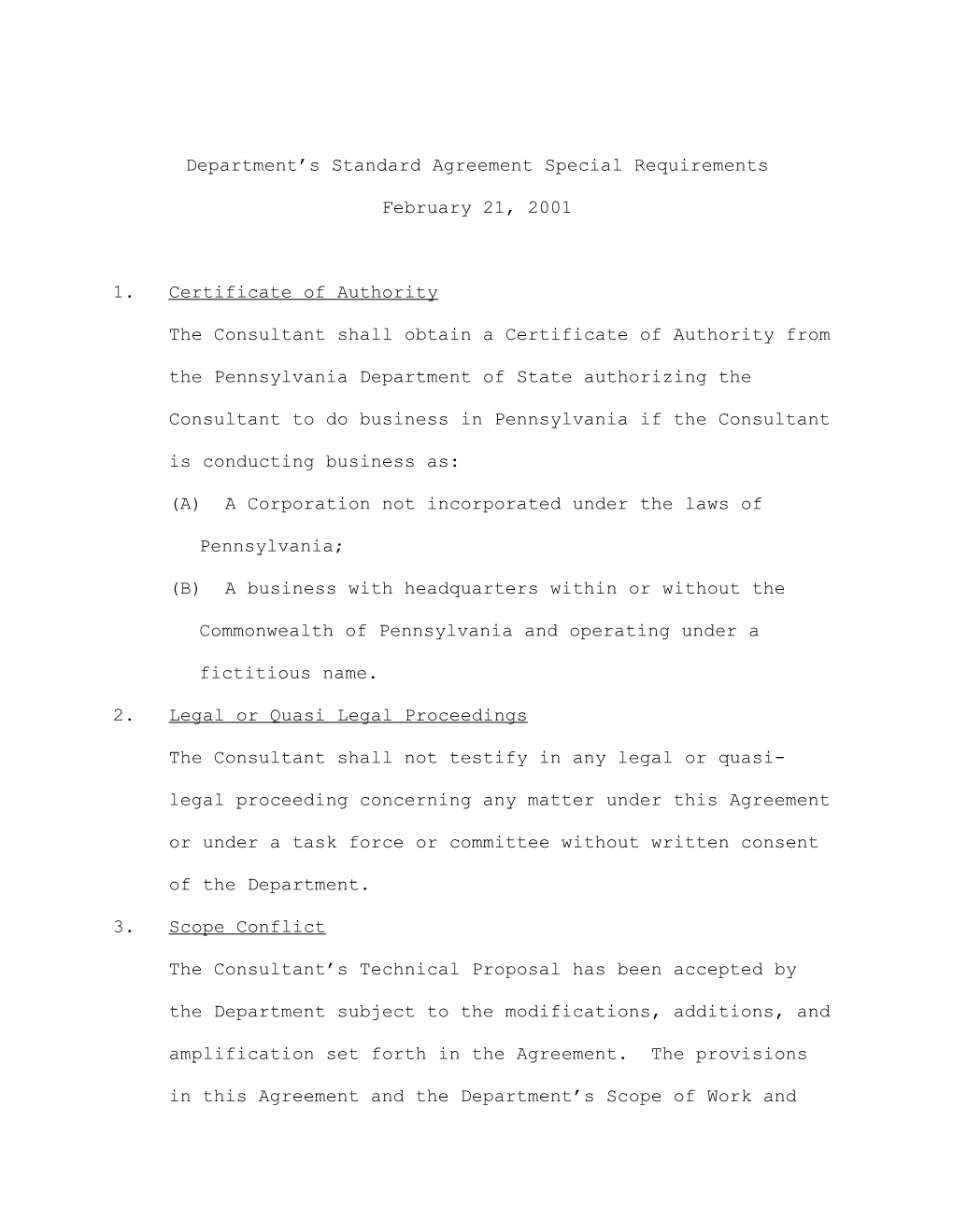 Department S Standard Agreement Special Requirements