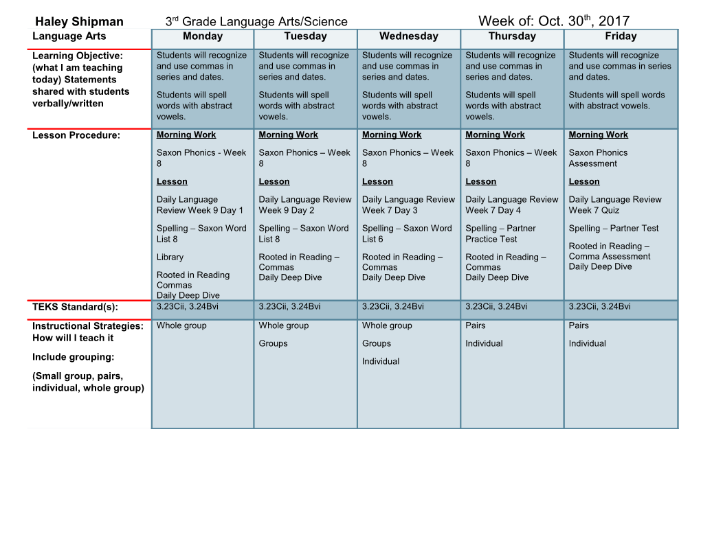 Haley Shipman 3Rd Grade Language Arts/Scienceweek Of: Oct. 30Th, 2017