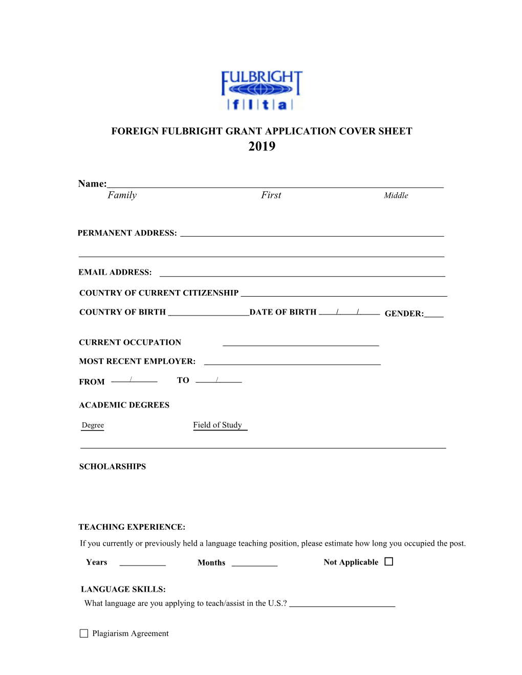 Foreign Fulbright Grant Application Cover Sheet