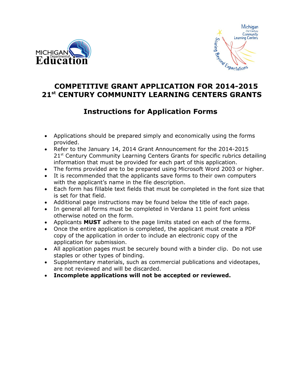2004-2005 21St Century Community Learning Centers Grant Application Form