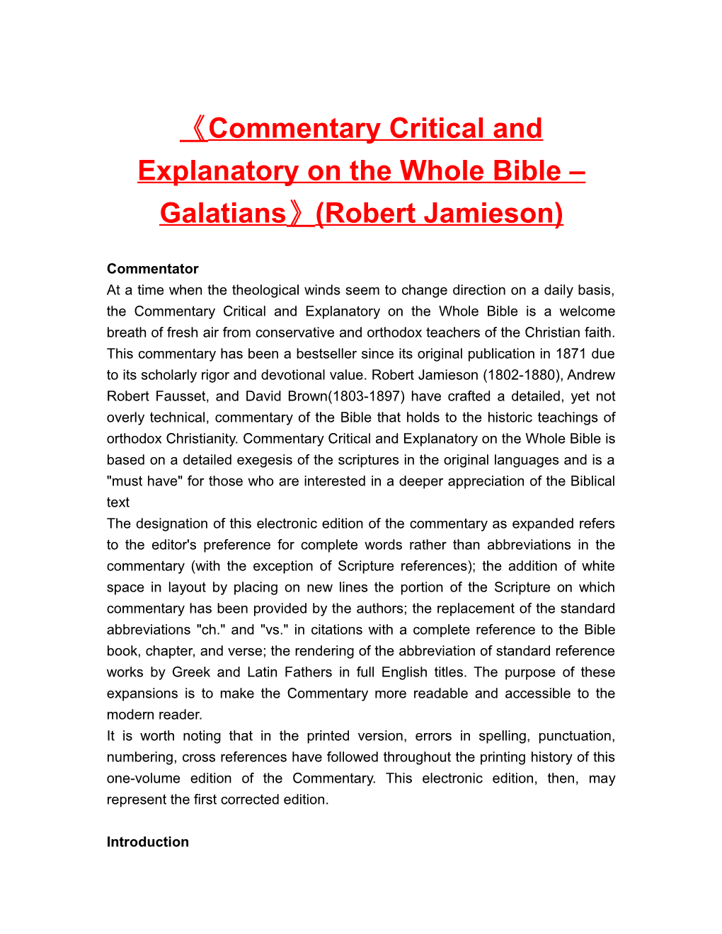 Commentary Critical and Explanatory on the Whole Bible Galatians (Robert Jamieson)