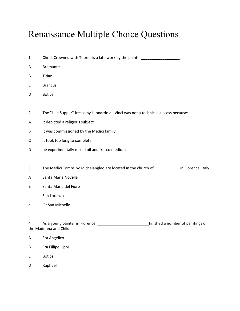 Renaissance Multiple Choice Questions