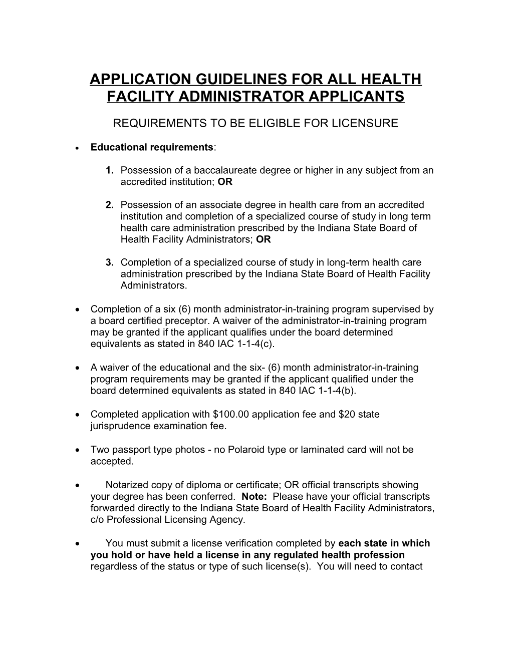 Application Guidelines for All Healthfacility Administrator Applicants