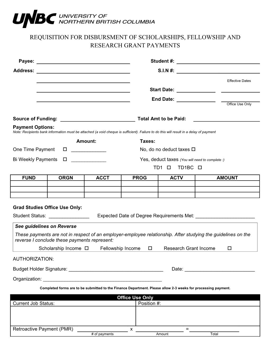 Requisition for Disbursment of Scholarships, Fellowship and Research Grant Payments