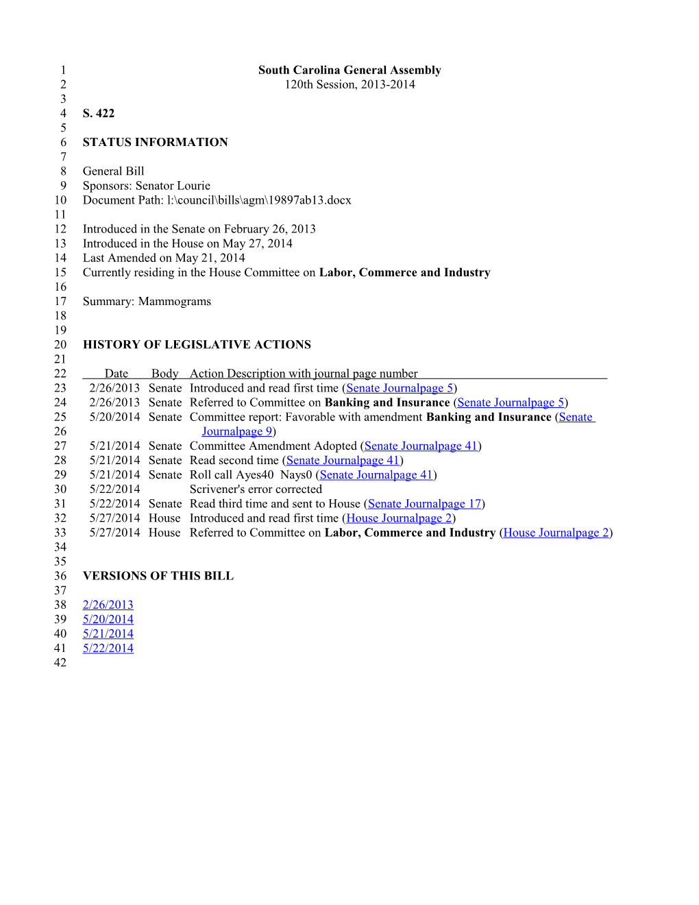 2013-2014 Bill 422: Mammograms - South Carolina Legislature Online