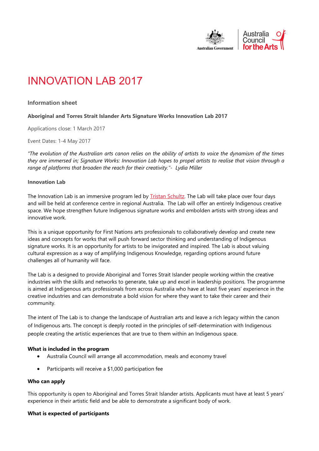Aboriginal and Torres Strait Islander Arts Signature Works Innovation Lab 2017