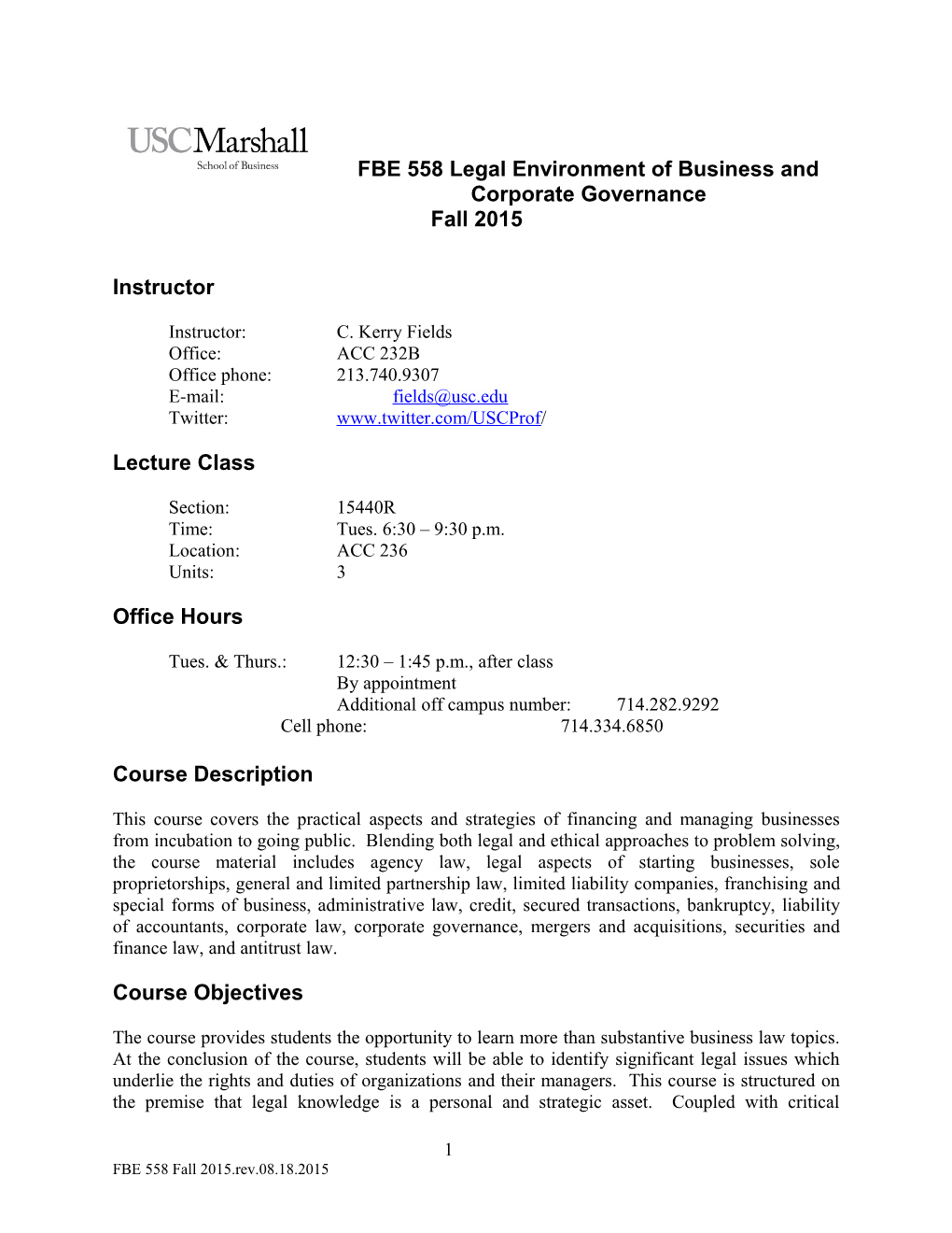 FBE 558 Legal Environment of Business and Corporate Governance