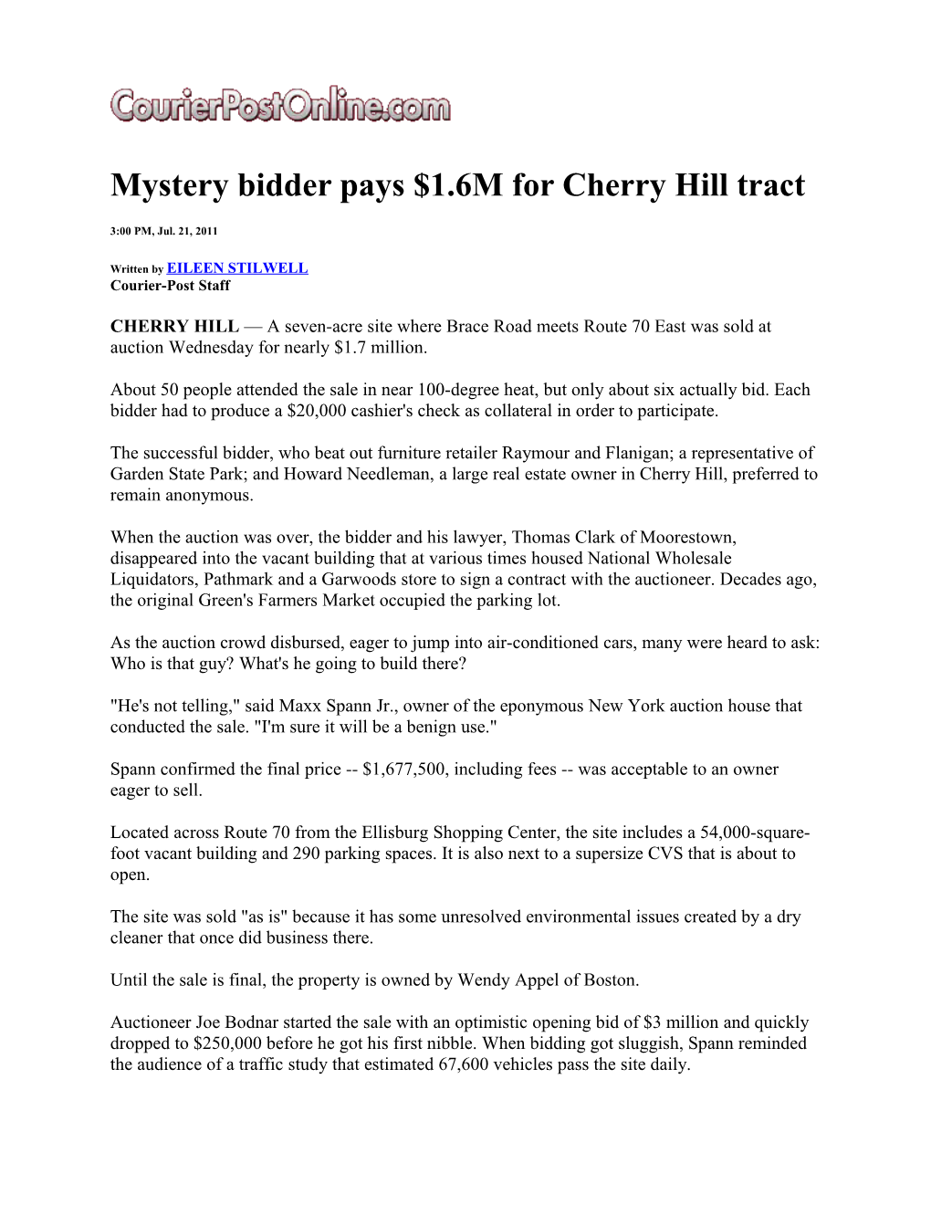 Mystery Bidder Pays $1.6M for Cherry Hill Tract