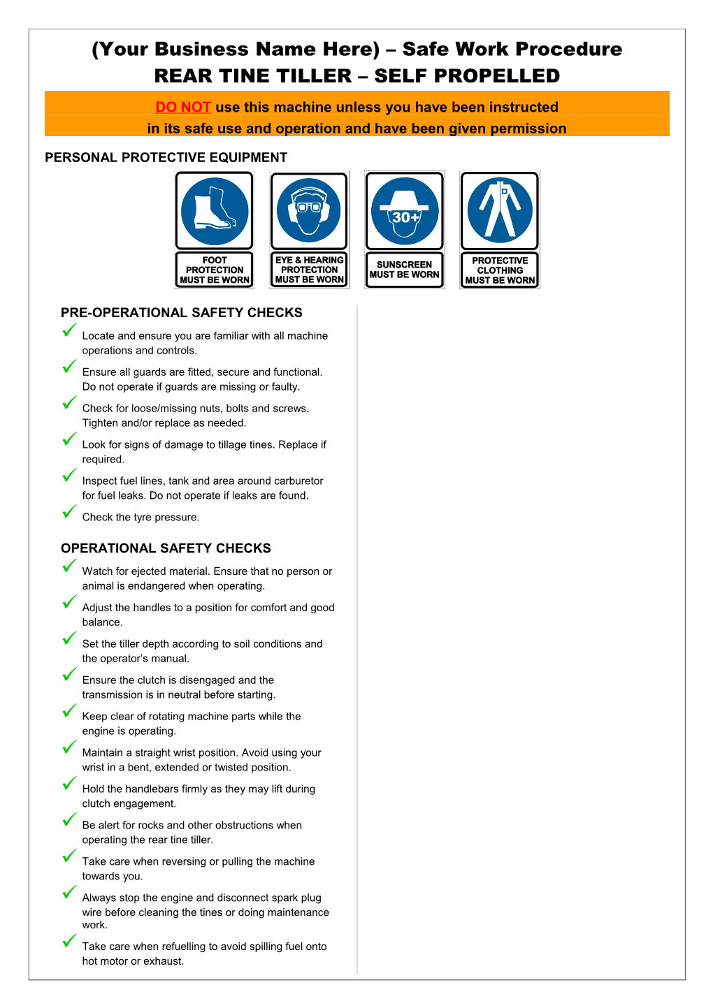 Safety Operating Procedures - Rear Tine Tiller - Self Propelled