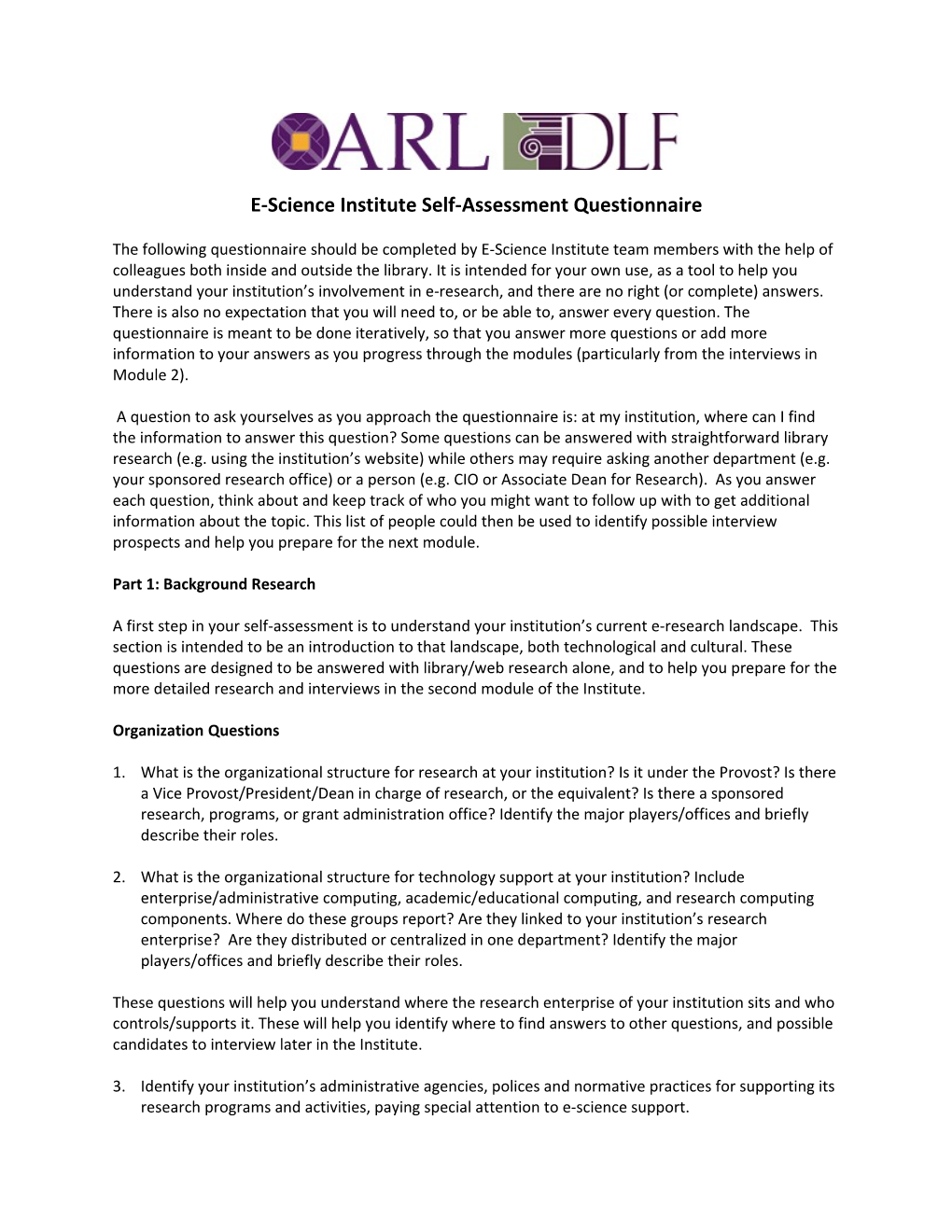 E-Science Institute Self-Assessment Questionnaire