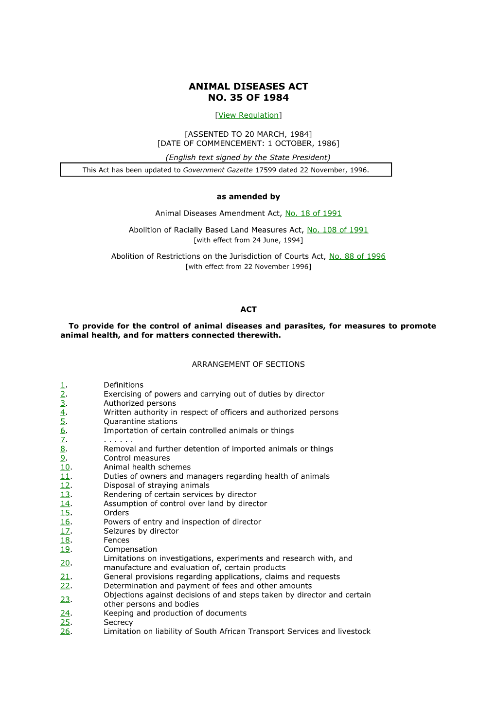 Animal Diseases Act No. 35 of 1984