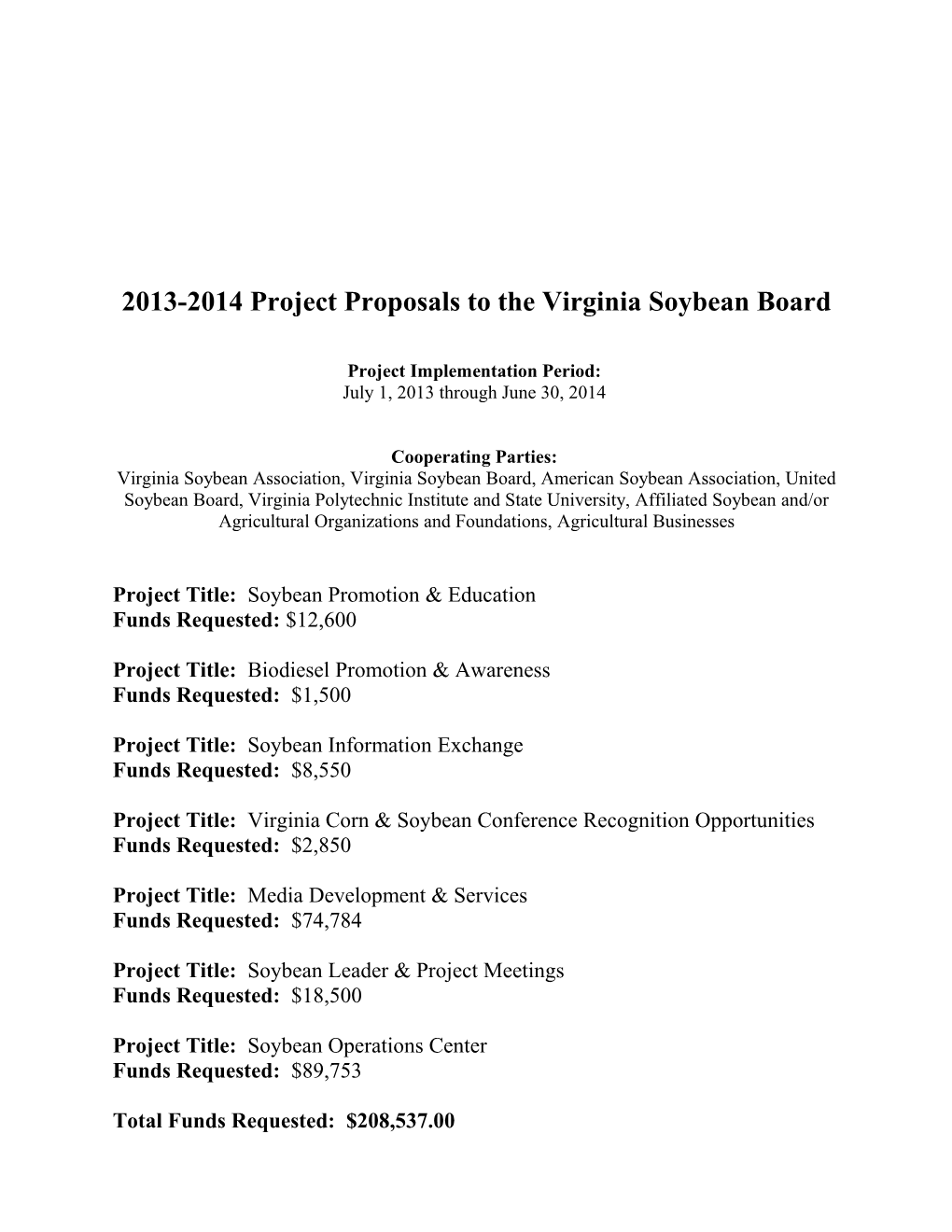 2013-2014 Project Proposals to the Virginia Soybean Board