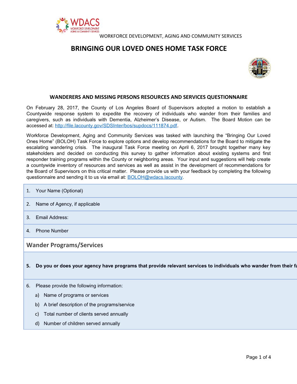 Wanderers and Missing Persons Resources and Services Questionnaire