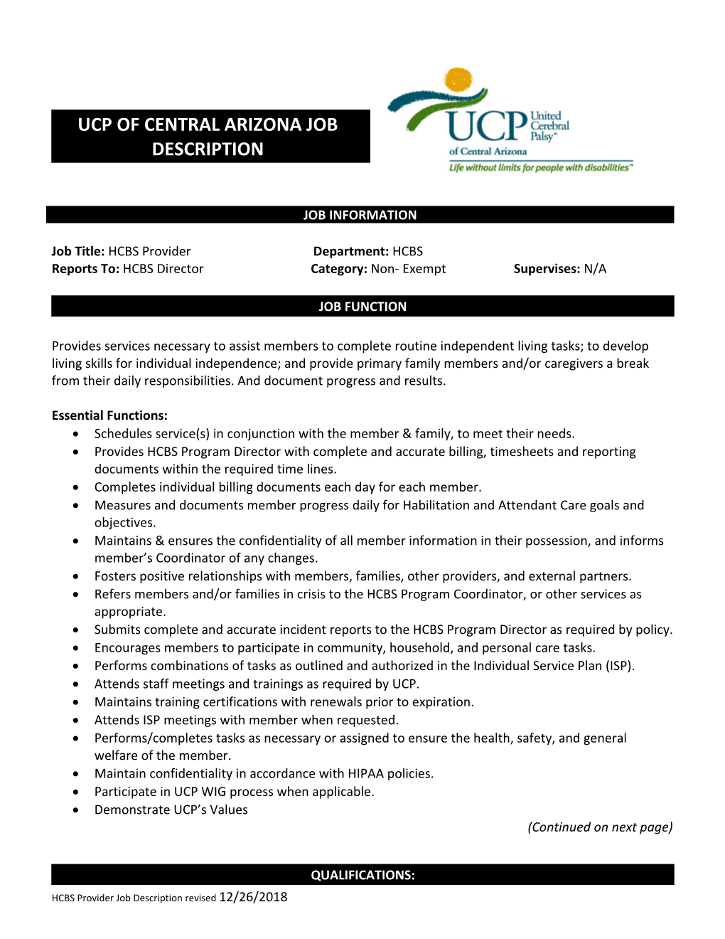 UCP of Central Arizona Job Description