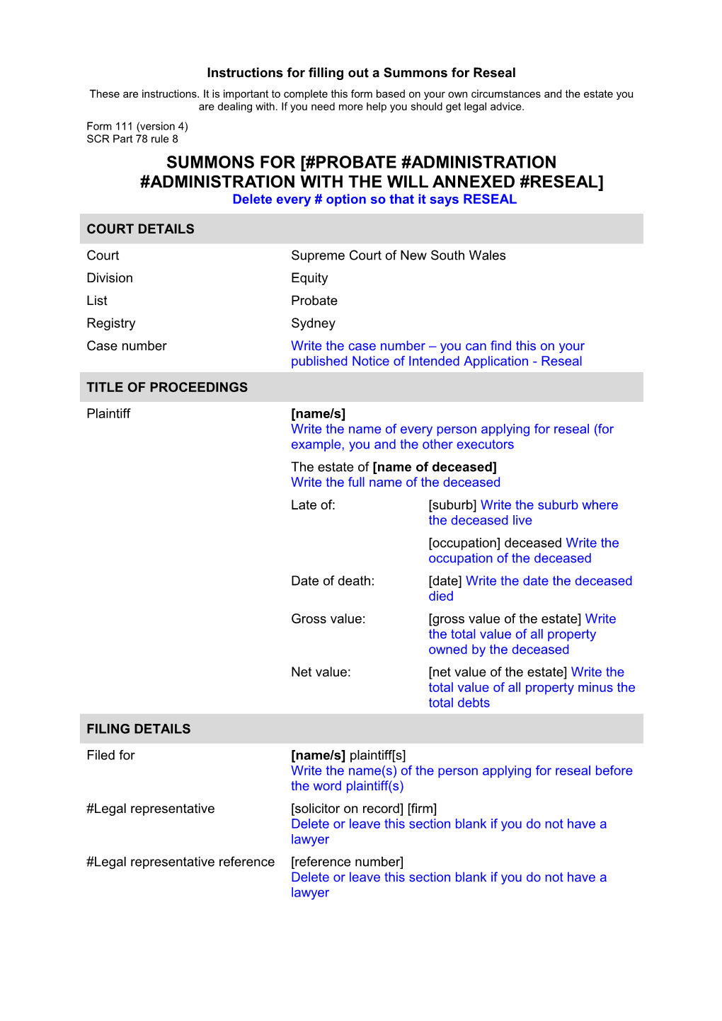 NSW UCPR - Form 111 (Version 2) - Summons for Probate, Administration Or Resealing