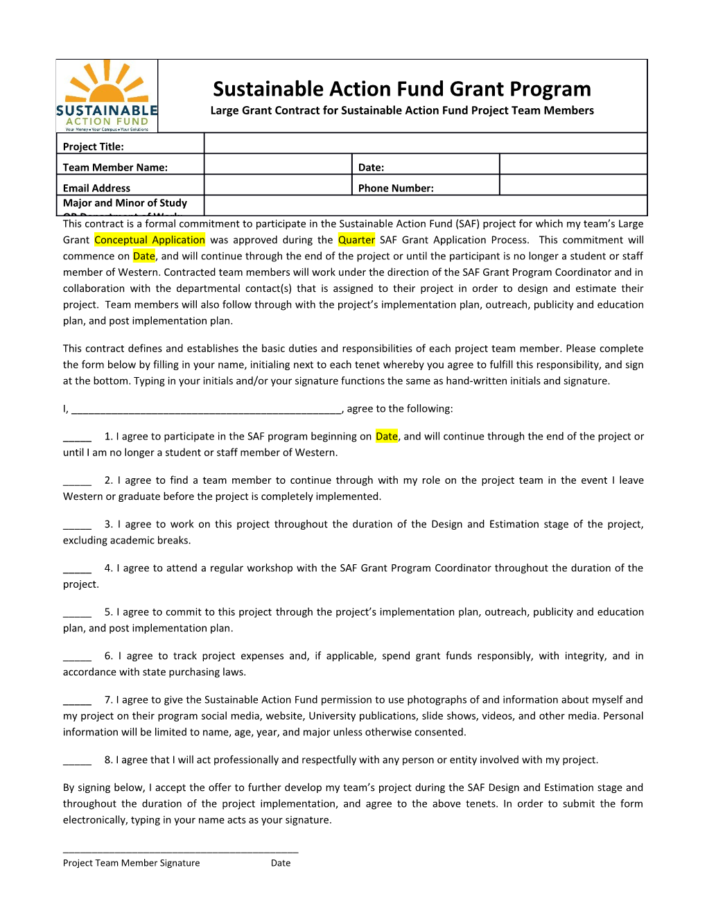 This Contract Is a Formal Commitment to Participate in the Sustainable Action Fund (SAF)