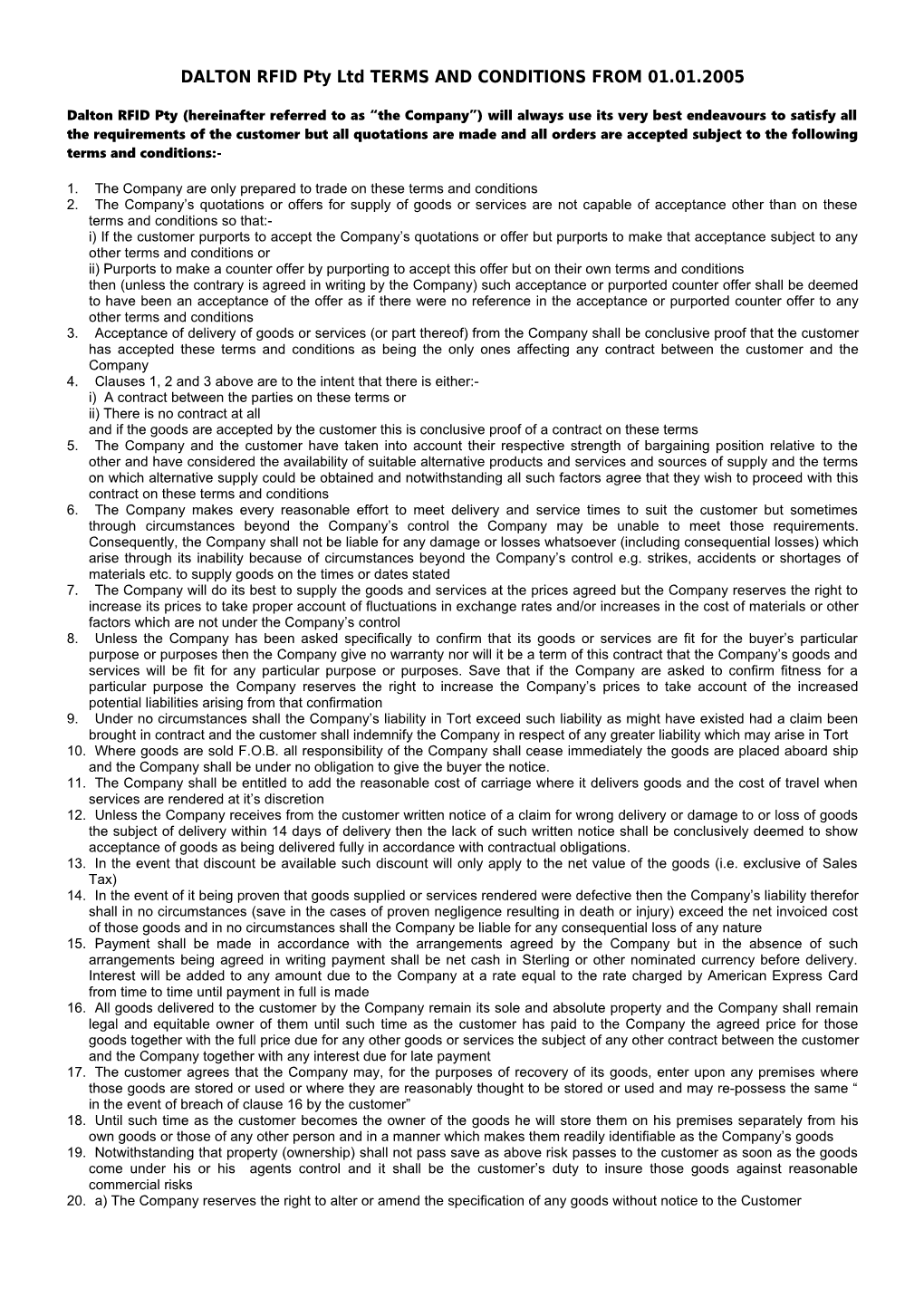 Fearing International (Stock-Aids) Limited Terms and Conditions from 1