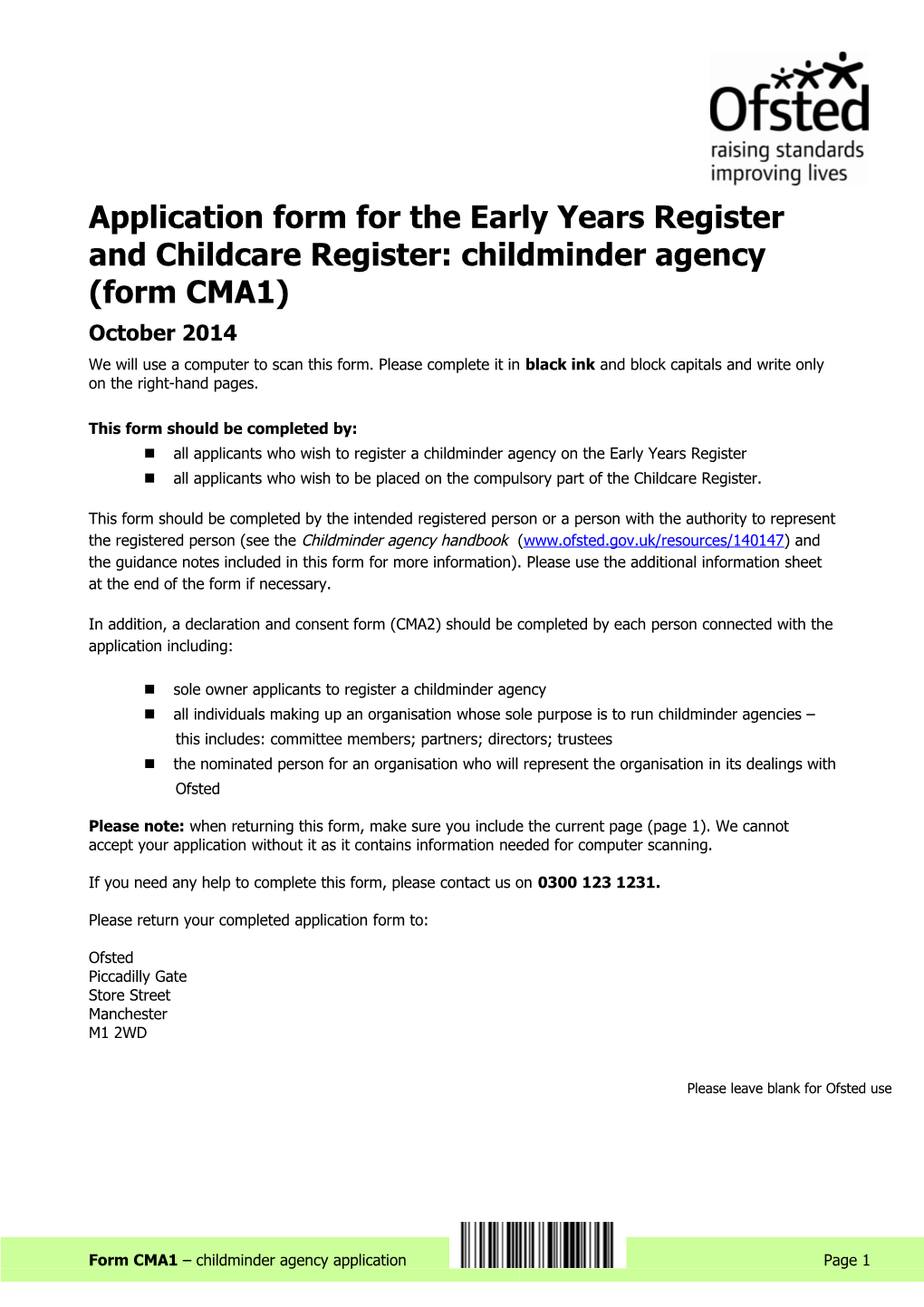 Application Form for the Early Years Register and Childcare Register: Childminder Agency