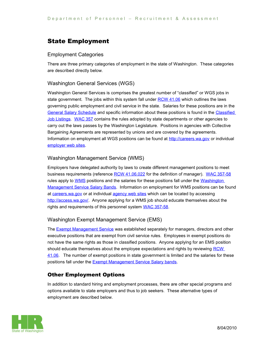 State Employment Categories and Options