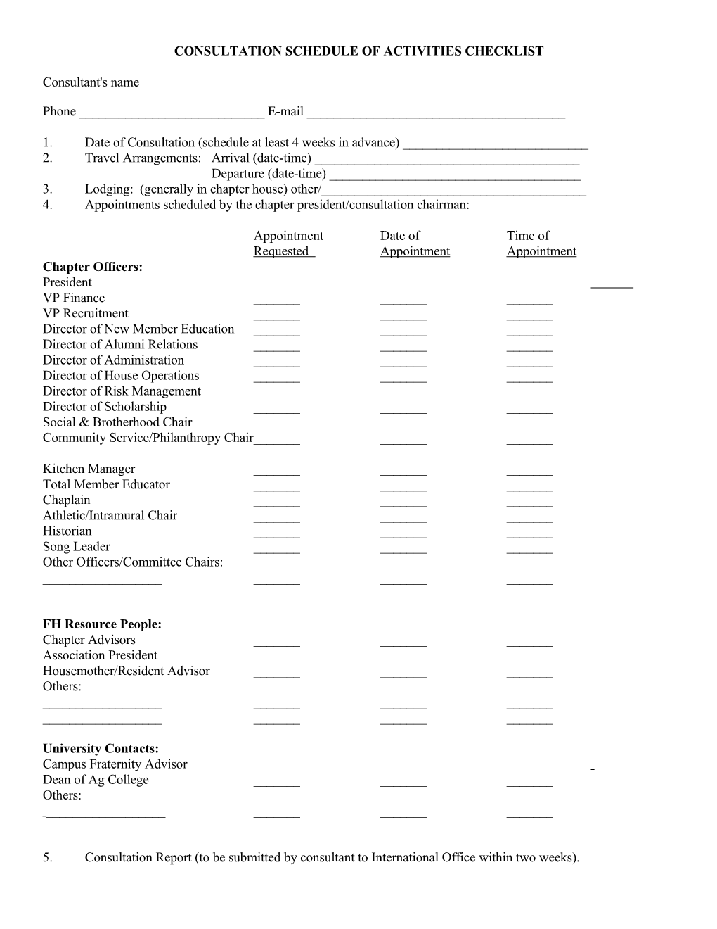 Consultation Schedule of Activities Checklist