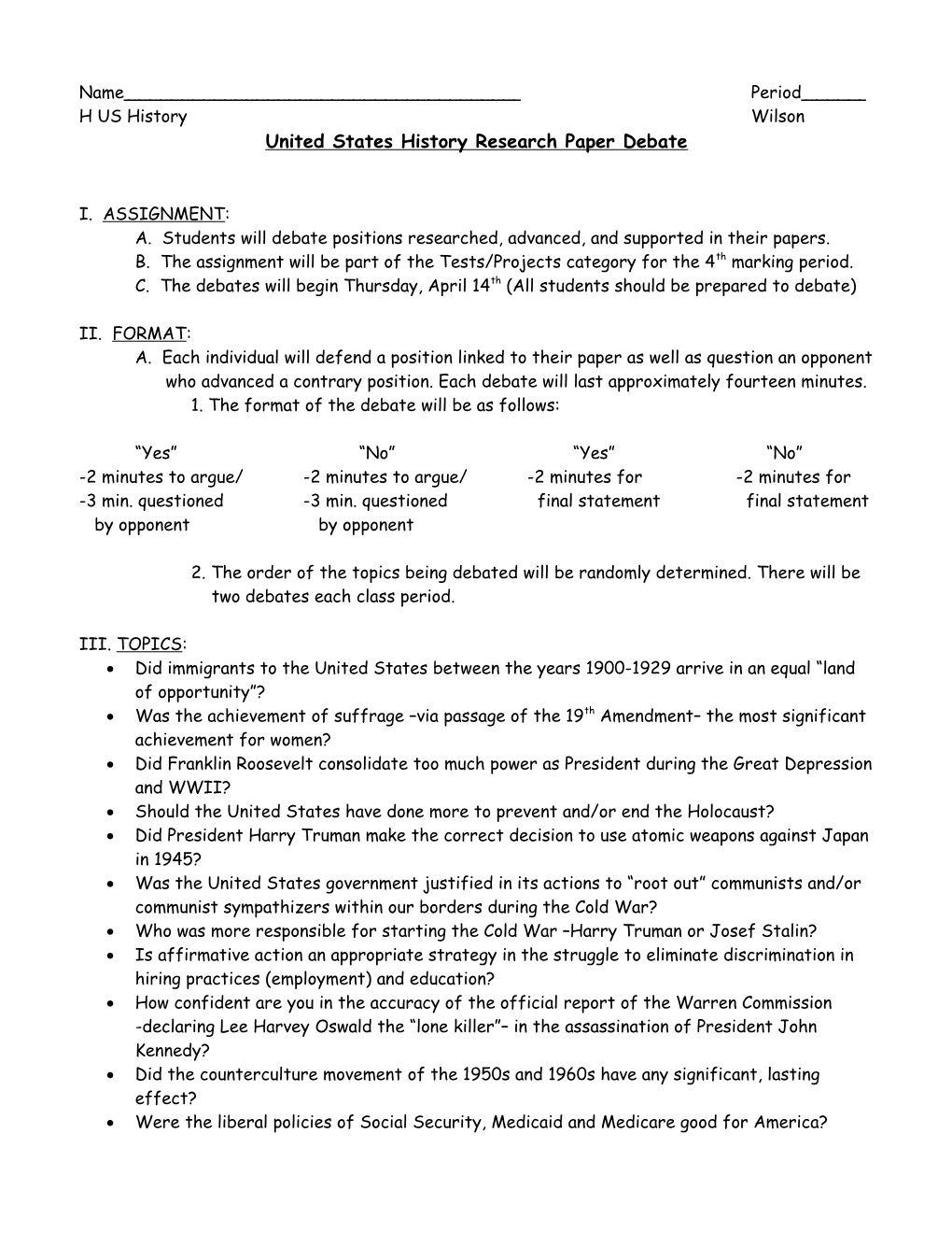 United States History Research Paper Debate