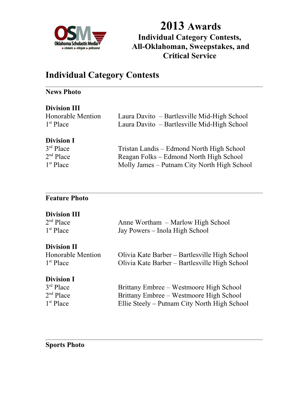 Oklahoma Scholastic Media 2013Awards and Critical Service Ratings Page 1 of 14