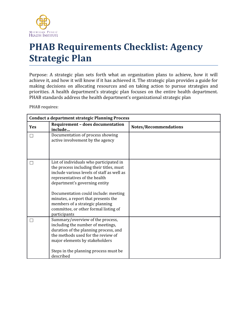 PHAB Requirements Checklist: Agency Strategic Plan
