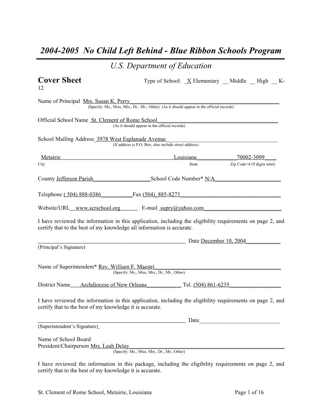 St. Clement of Rome School Application: 2004-2005, No Child Left Behind - Blue Ribbon Schools