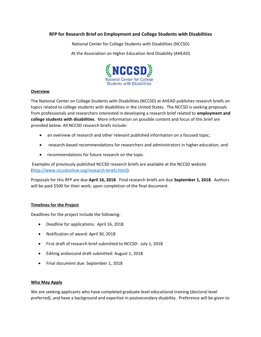 RFP for Research Brief on Employment and College Students with Disabilities