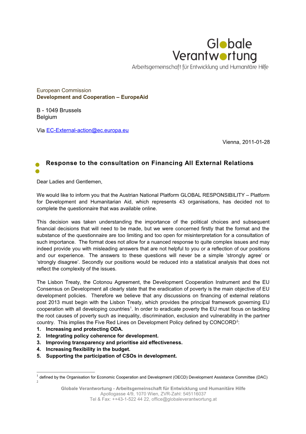 Response to the Consultation on Financing All External Relations
