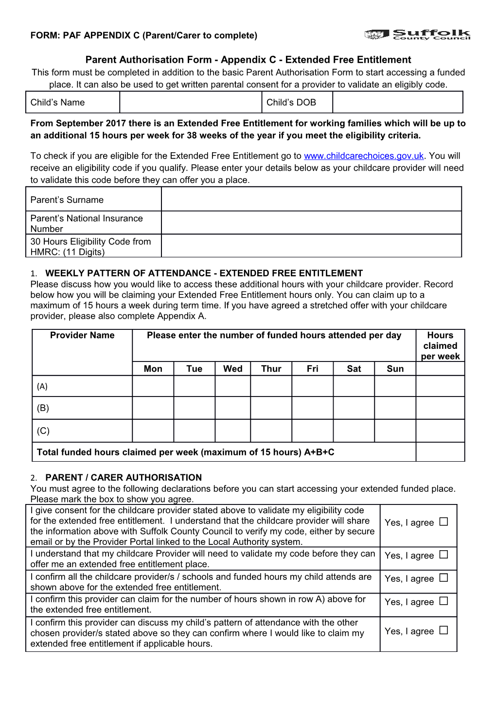 Parent Authorisation Form - Appendix C- Extended Free Entitlement