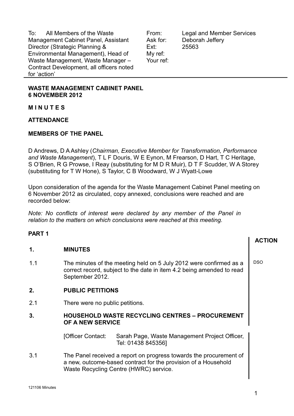 Minutes of a Meeting of the Waste Management Cabinet Panel Held on Thursday 5 July 2012