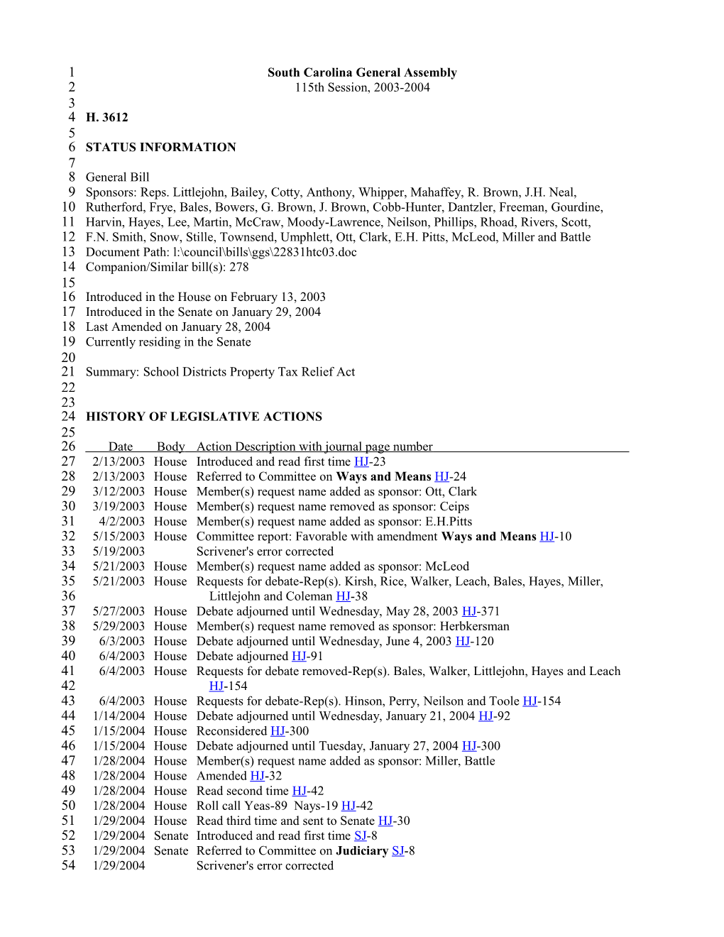 2003-2004 Bill 3612: School Districts Property Tax Relief Act - South Carolina Legislature