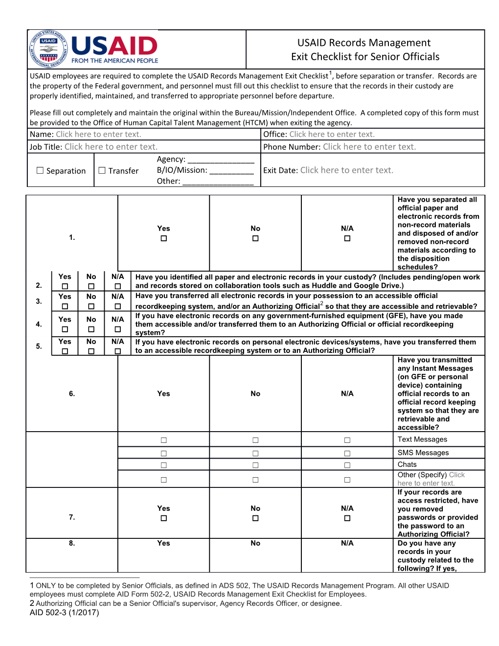 USAID Records Management Exit Checklist for Senior Officials