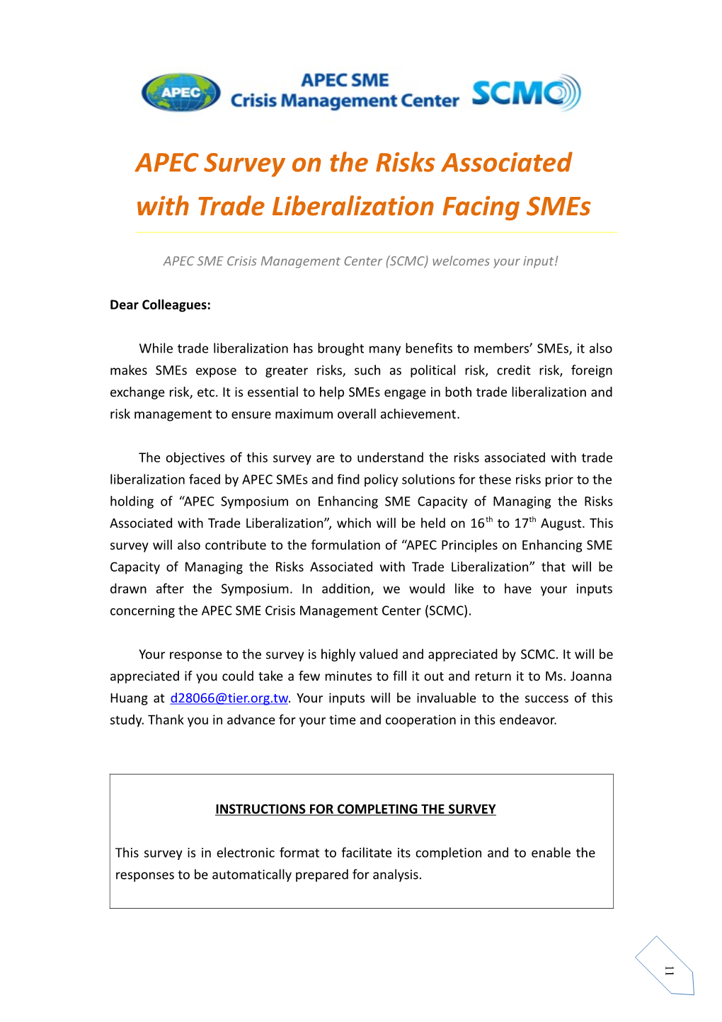 APEC Survey on the Risks Associated with Trade Liberalization Facing Smes
