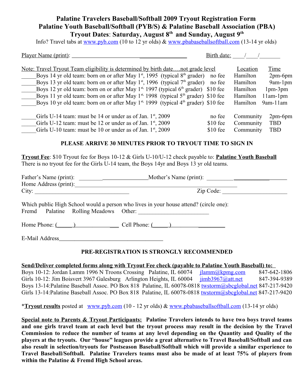 Palatine Travelers Baseball/Softball Tryout Registration Form