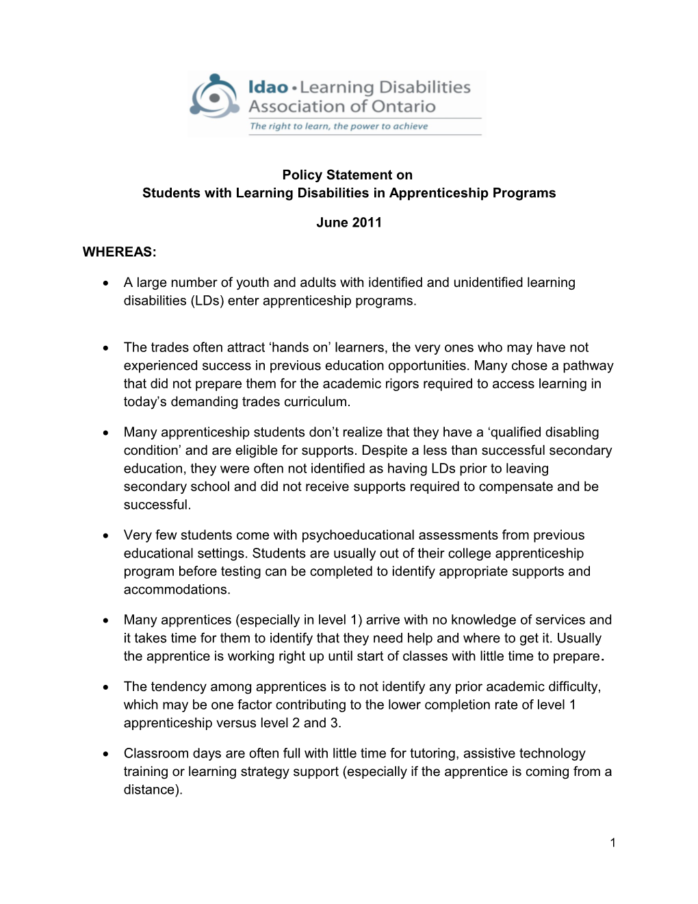 Policy Statement on Students with Learning Disabilities in Apprenticeship Programs