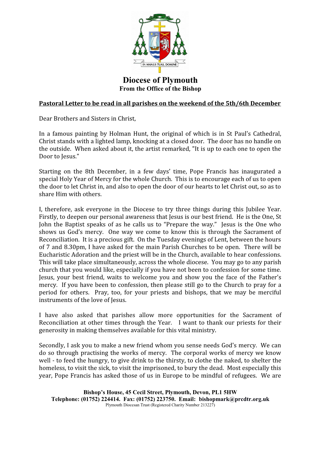 Pastoral Letter to Be Read in All Parishes on the Weekend of the 5Th/6Th December