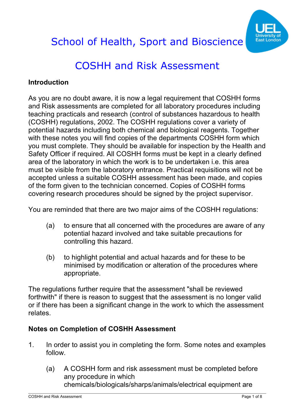 COSHH and RISK ASSESSMENT
