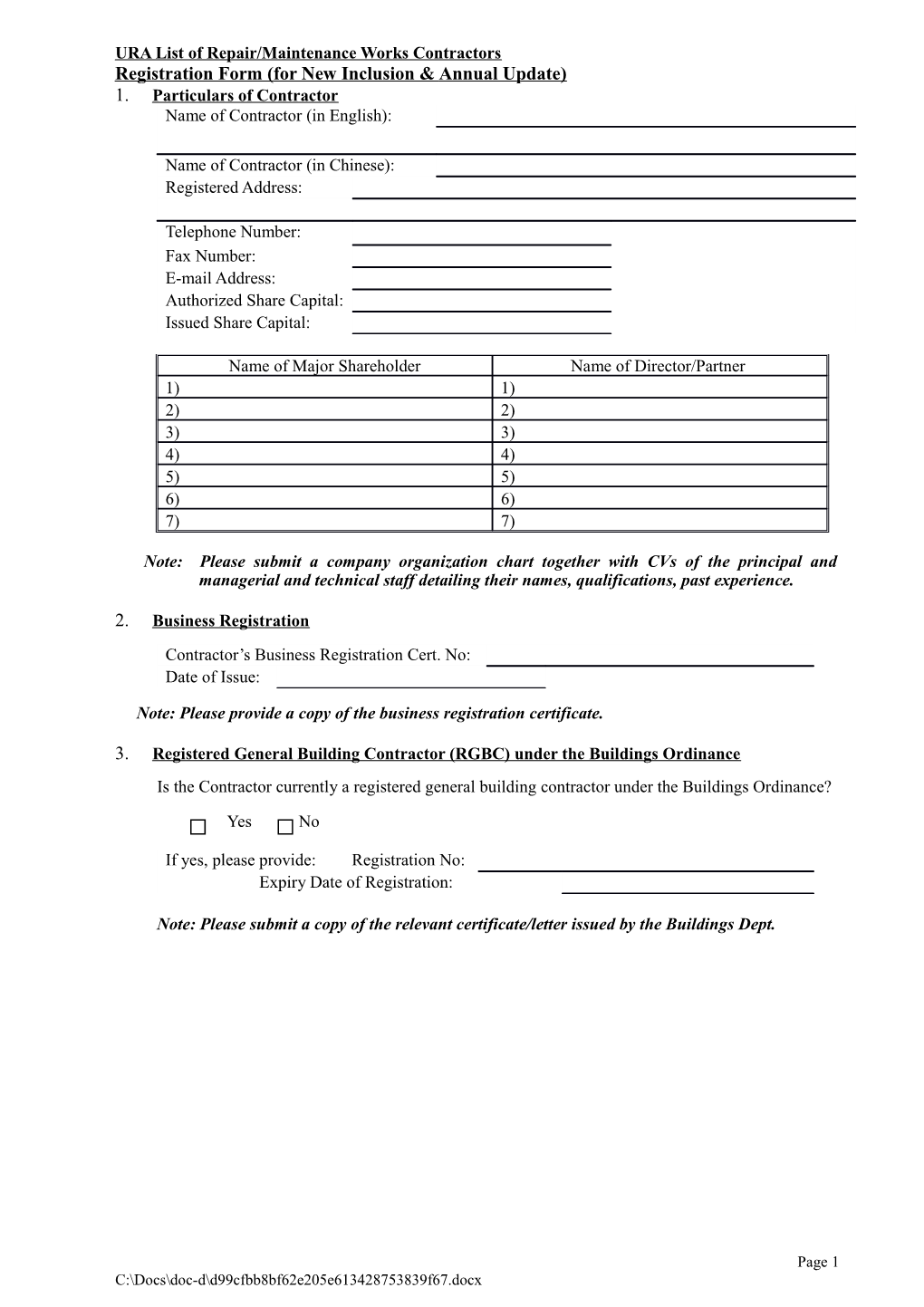 Application for Inclusion in URA Demolition Contractor List