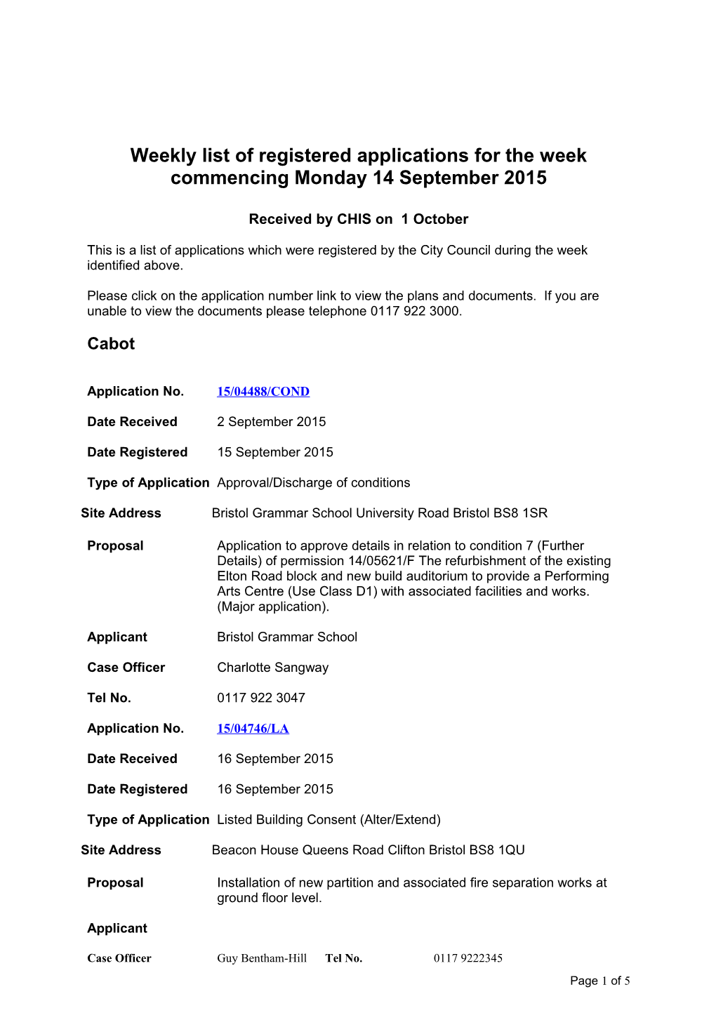 Weekly List of Registered Applications for the Week Commencing Monday 14 September 2015
