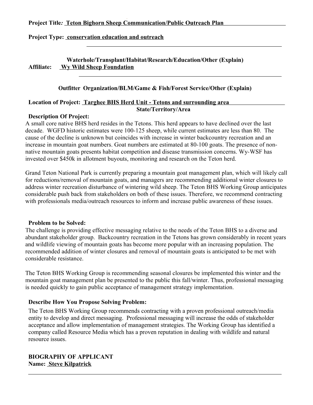 Project Title: Teton Bighorn Sheep Communication/Public Outreach Plan
