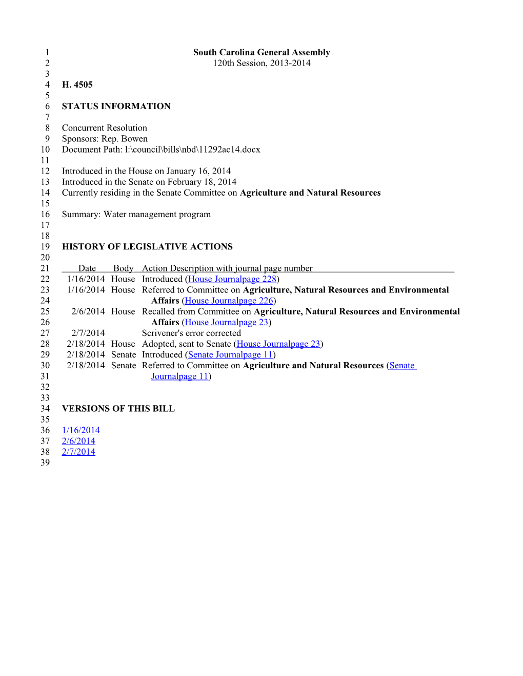 2013-2014 Bill 4505: Water Management Program - South Carolina Legislature Online