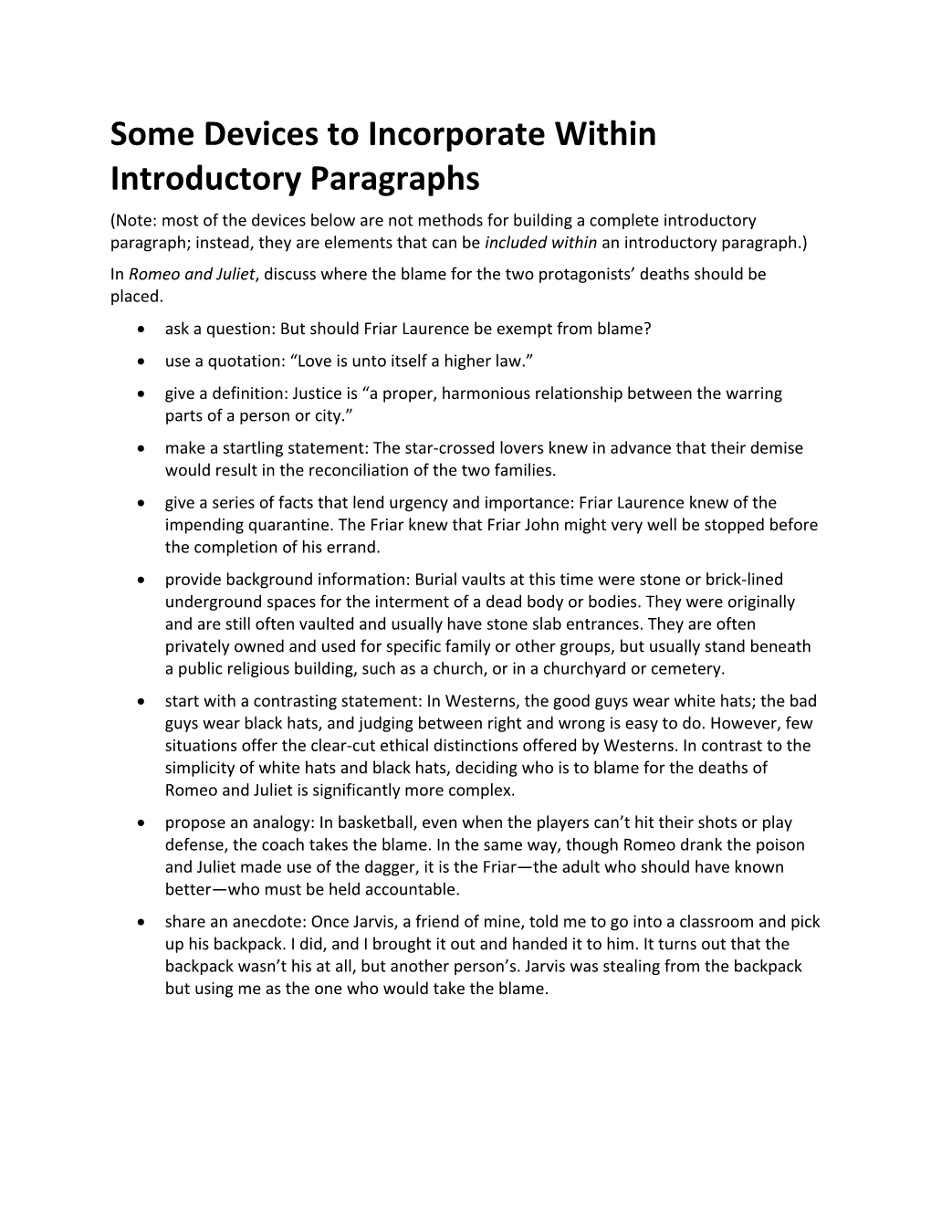 Some Devices to Incorporate Within Introductory Paragraphs