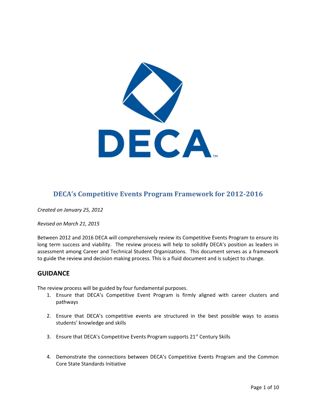 DECA S Competitive Events Program Framework for 2012-2016