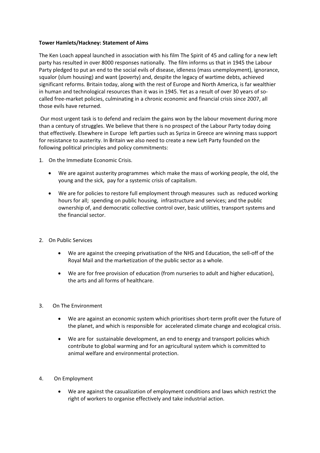 Tower Hamlets/Hackney: Statement of Aims