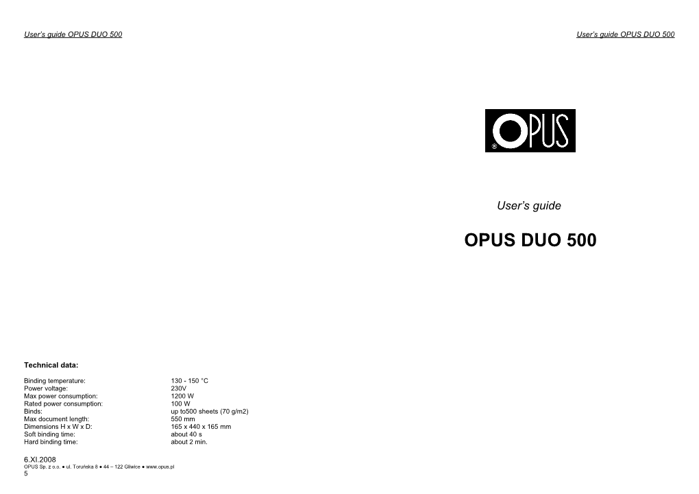 User S Guide OPUS DUO 500 User S Guide OPUS DUO 500