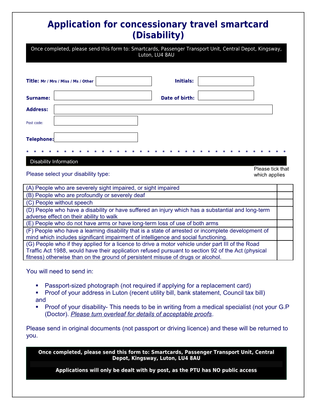 Application for Concessionary Travel Smartcard (Disability)