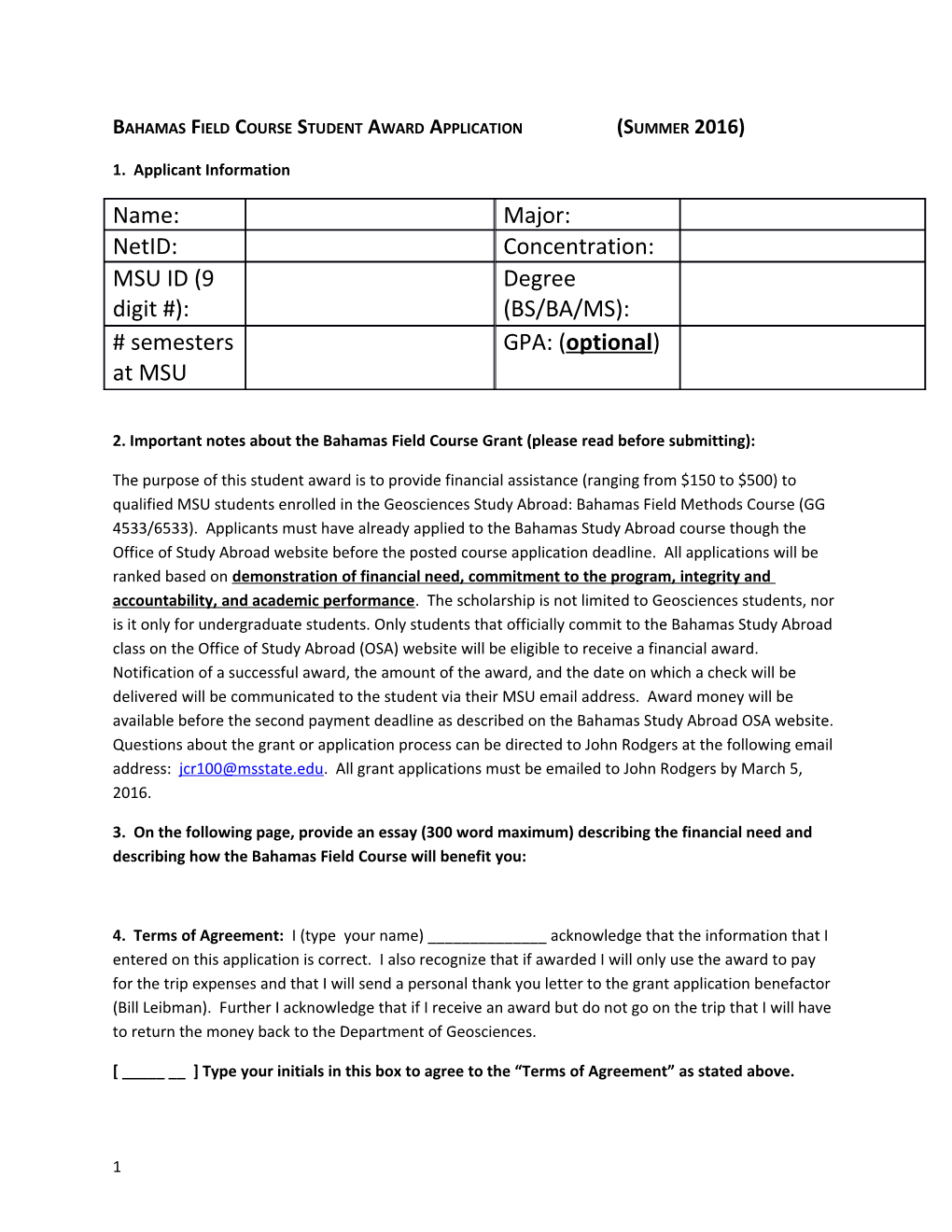 Bahamas Field Course Student Award Application(Summer 2016)